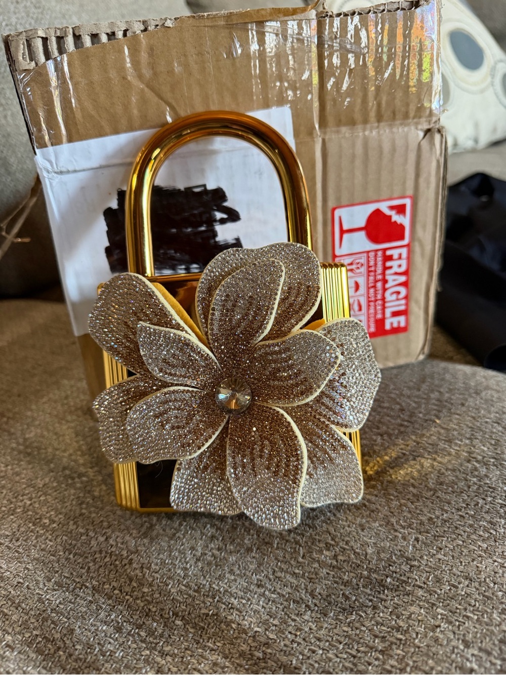 Gold Floral Accent Handbag Clutch - Gold Flower Detail